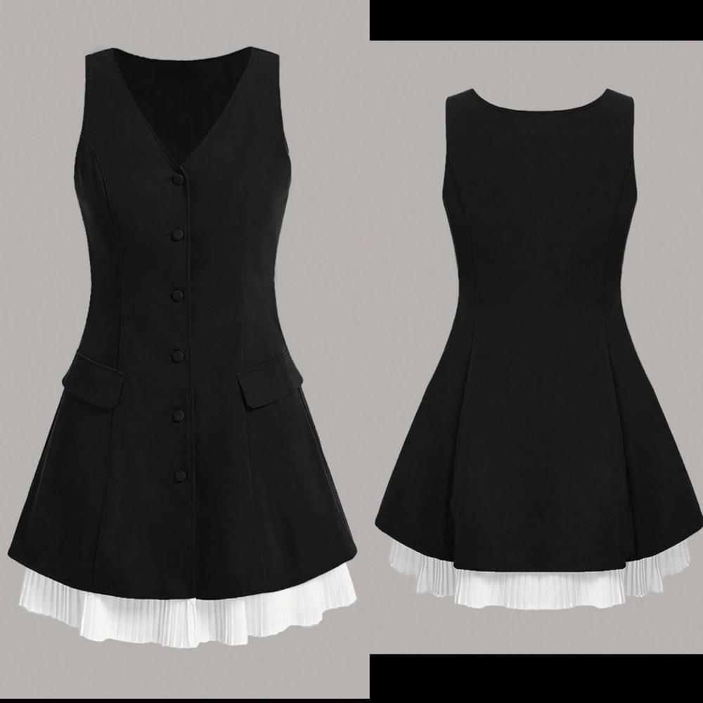 Color Block black & white Sleeveless Detail Patchwork pleated hem mini Dress